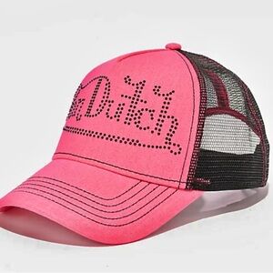 NWT Von Dutch Pink and Black Rhinestone Adjustable Hat Women One Size